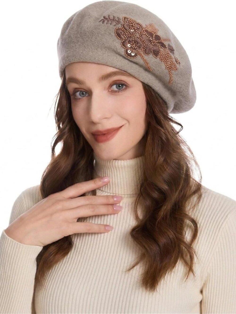 Women's French Beret Hat Reversible Knitted Thickened Warm Cap Flower Coffee - Picture 3 of 6